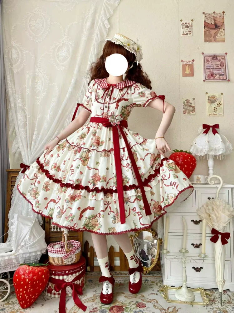Qianmu - The Bear's Strawberry Field - Daily Lolita OP Dress With Petal Collar & Bear Strawberry Print - Image 5