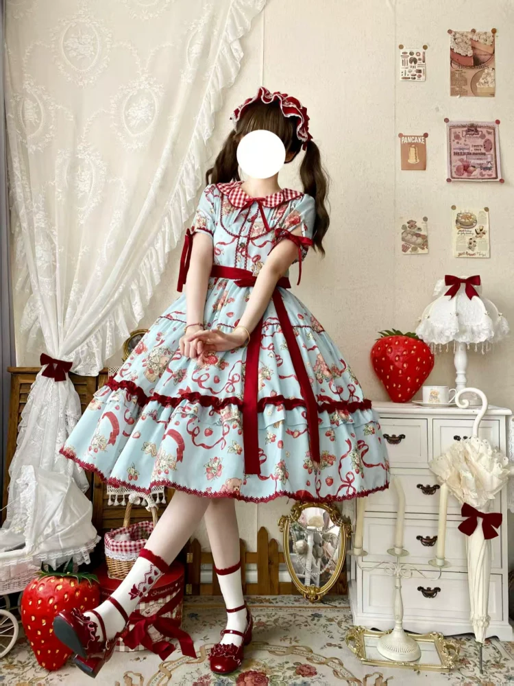 Qianmu - The Bear's Strawberry Field - Daily Lolita OP Dress With Petal Collar & Bear Strawberry Print - Image 6