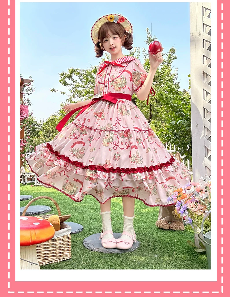 Qianmu - The Bear's Strawberry Field - Daily Lolita OP Dress With Petal Collar & Bear Strawberry Print - Image 8