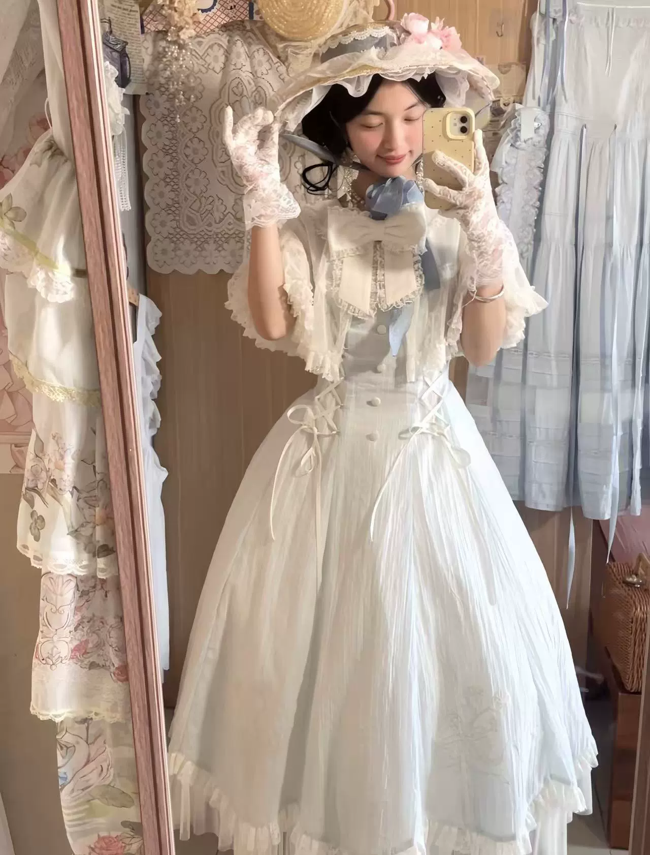 Little Wind Chime - Elegant Lolita OP Water Blue Dress With Decorative Tulle Cape - Image 15