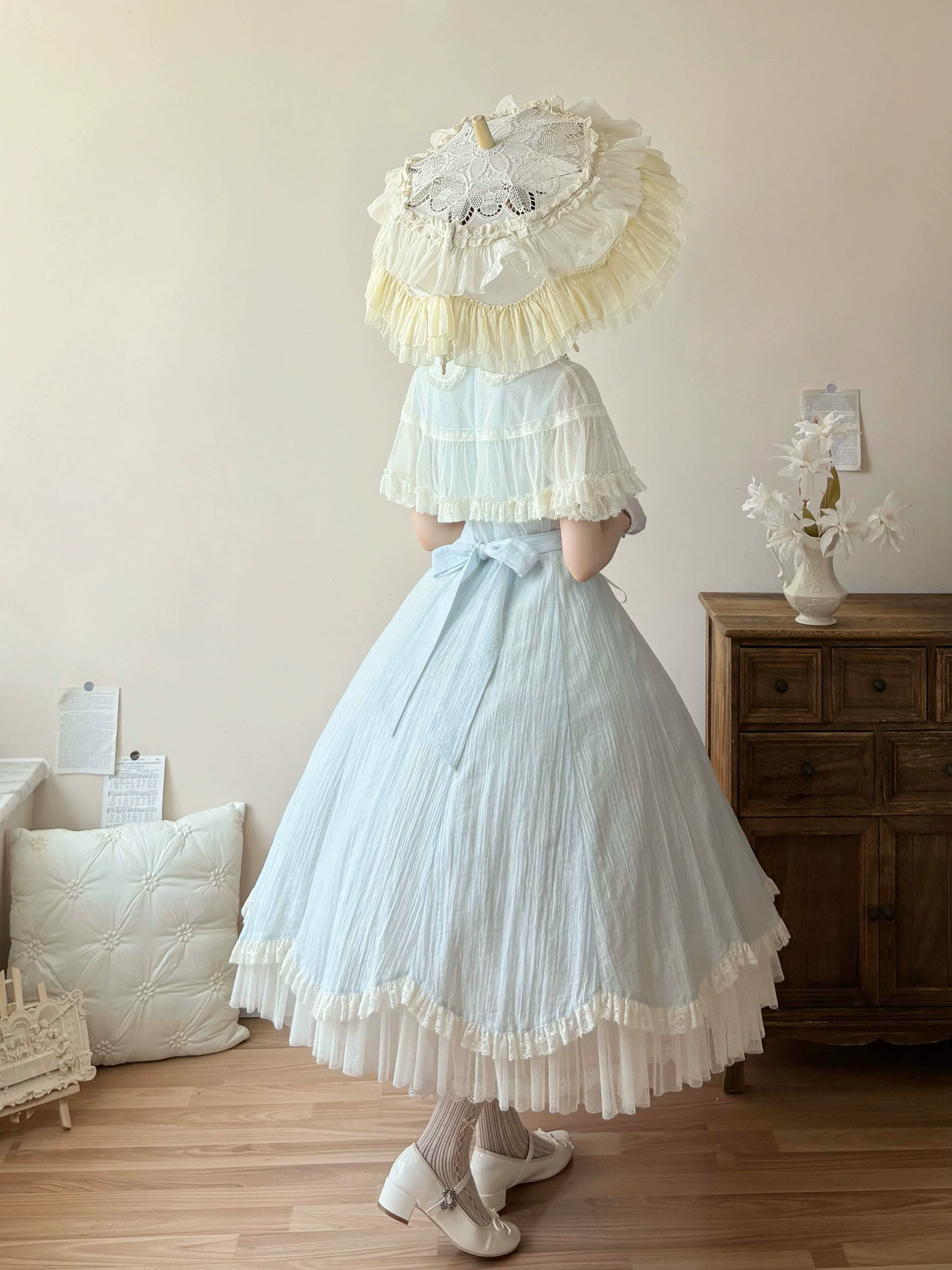 Little Wind Chime - Elegant Lolita OP Water Blue Dress With Decorative Tulle Cape - Image 16