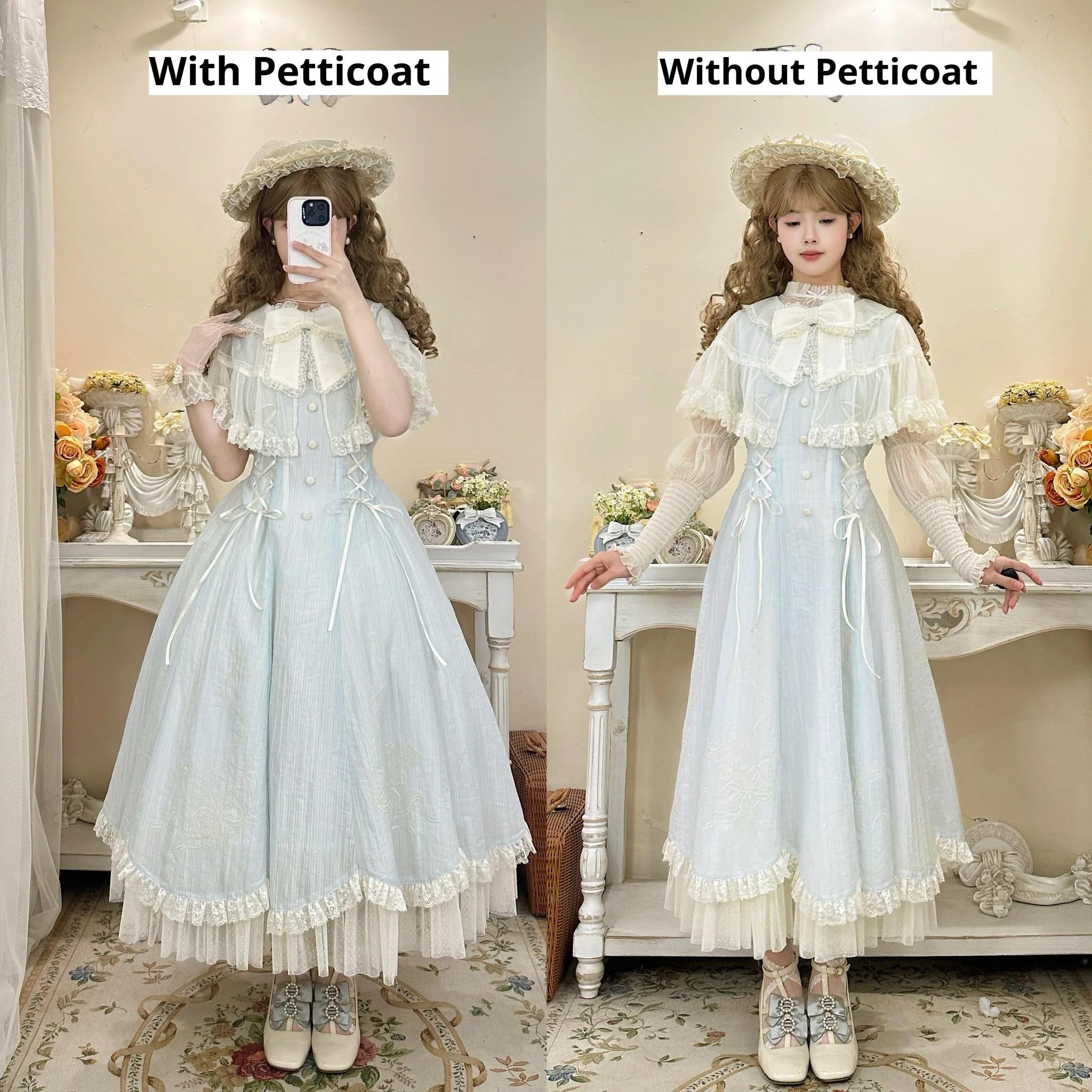 Little Wind Chime - Elegant Lolita OP Water Blue Dress With Decorative Tulle Cape - Image 17
