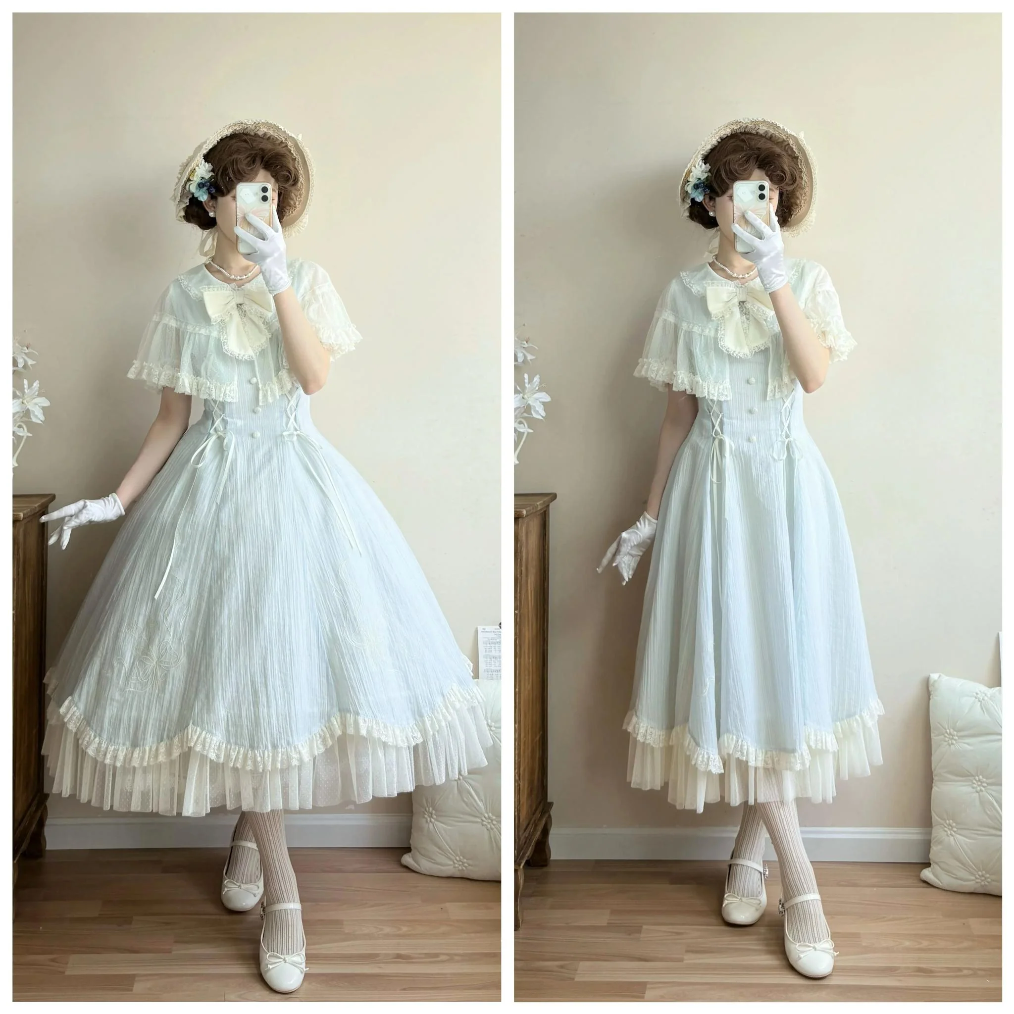Little Wind Chime - Elegant Lolita OP Water Blue Dress With Decorative Tulle Cape - Image 18
