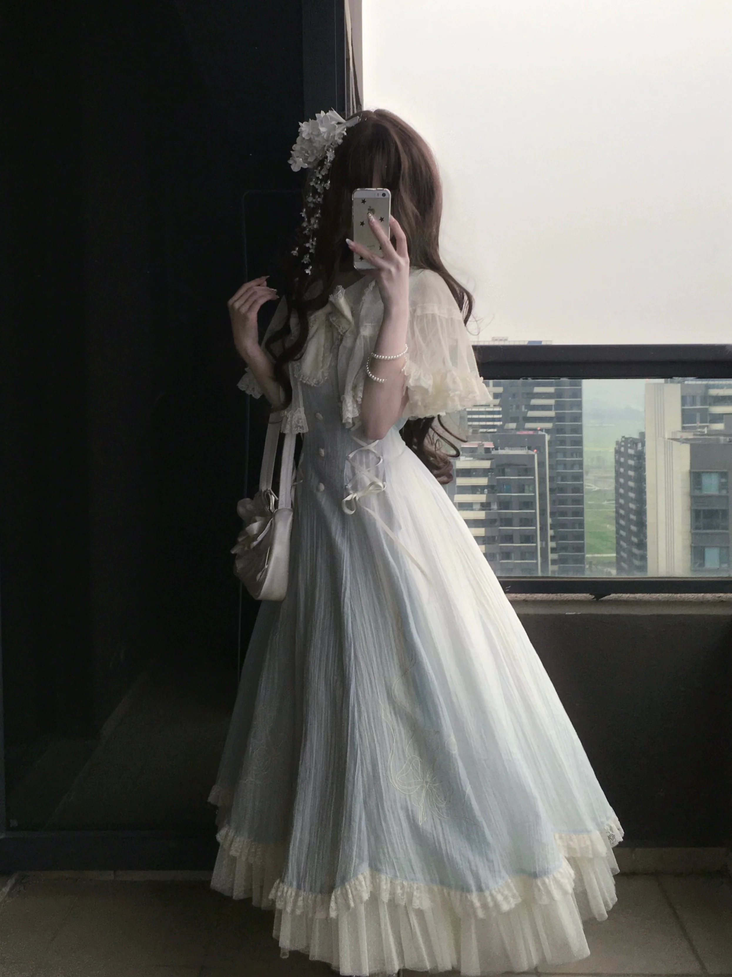 Little Wind Chime - Elegant Lolita OP Water Blue Dress With Decorative Tulle Cape - Image 20