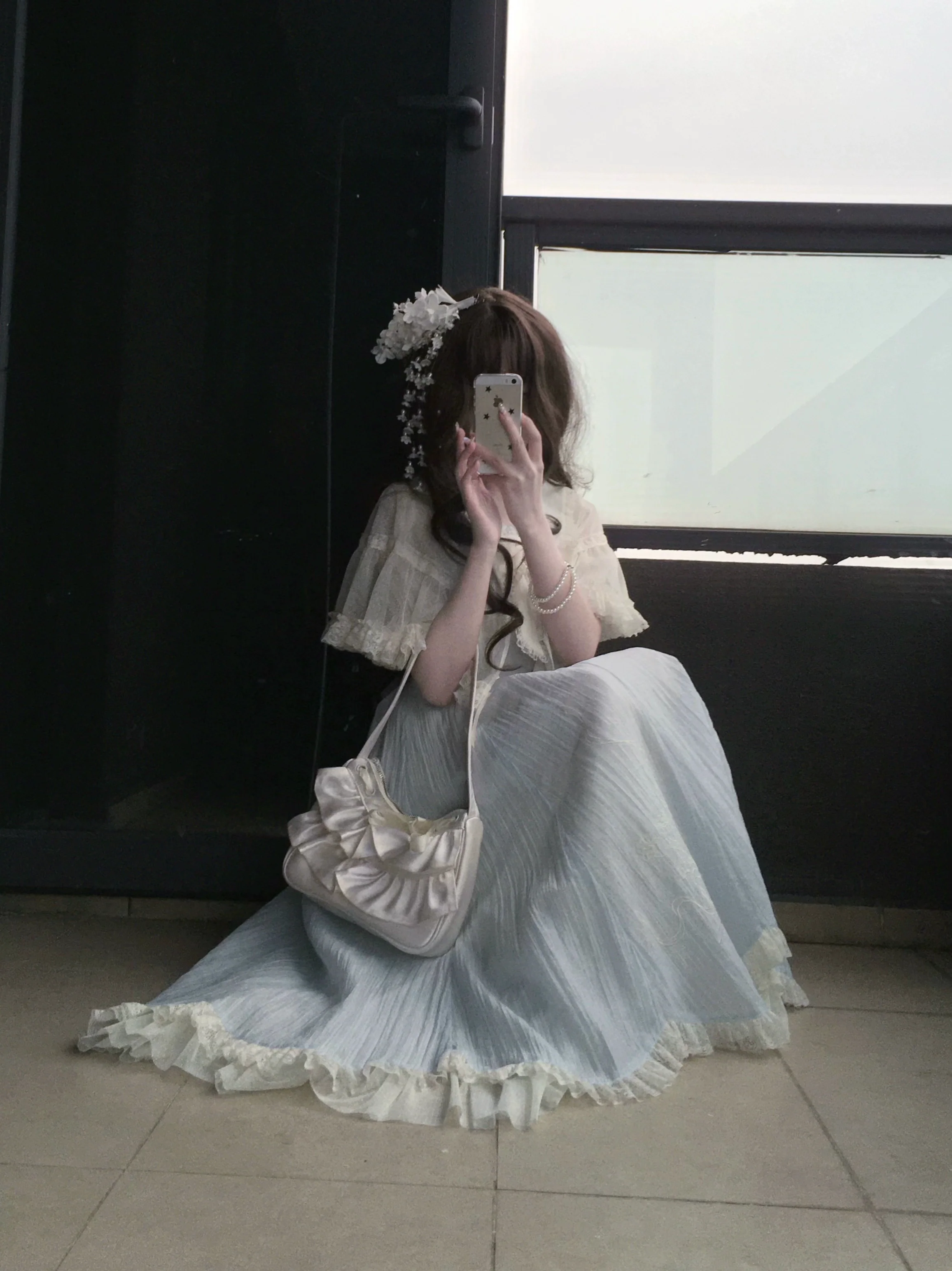 Little Wind Chime - Elegant Lolita OP Water Blue Dress With Decorative Tulle Cape - Image 21
