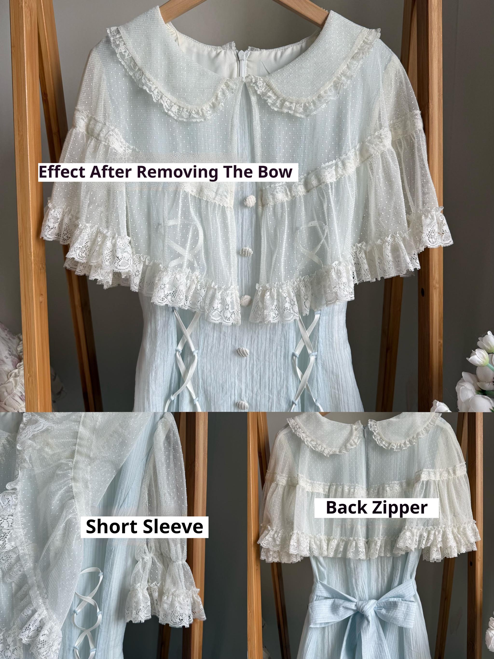 Little Wind Chime - Elegant Lolita OP Water Blue Dress With Decorative Tulle Cape - Image 23