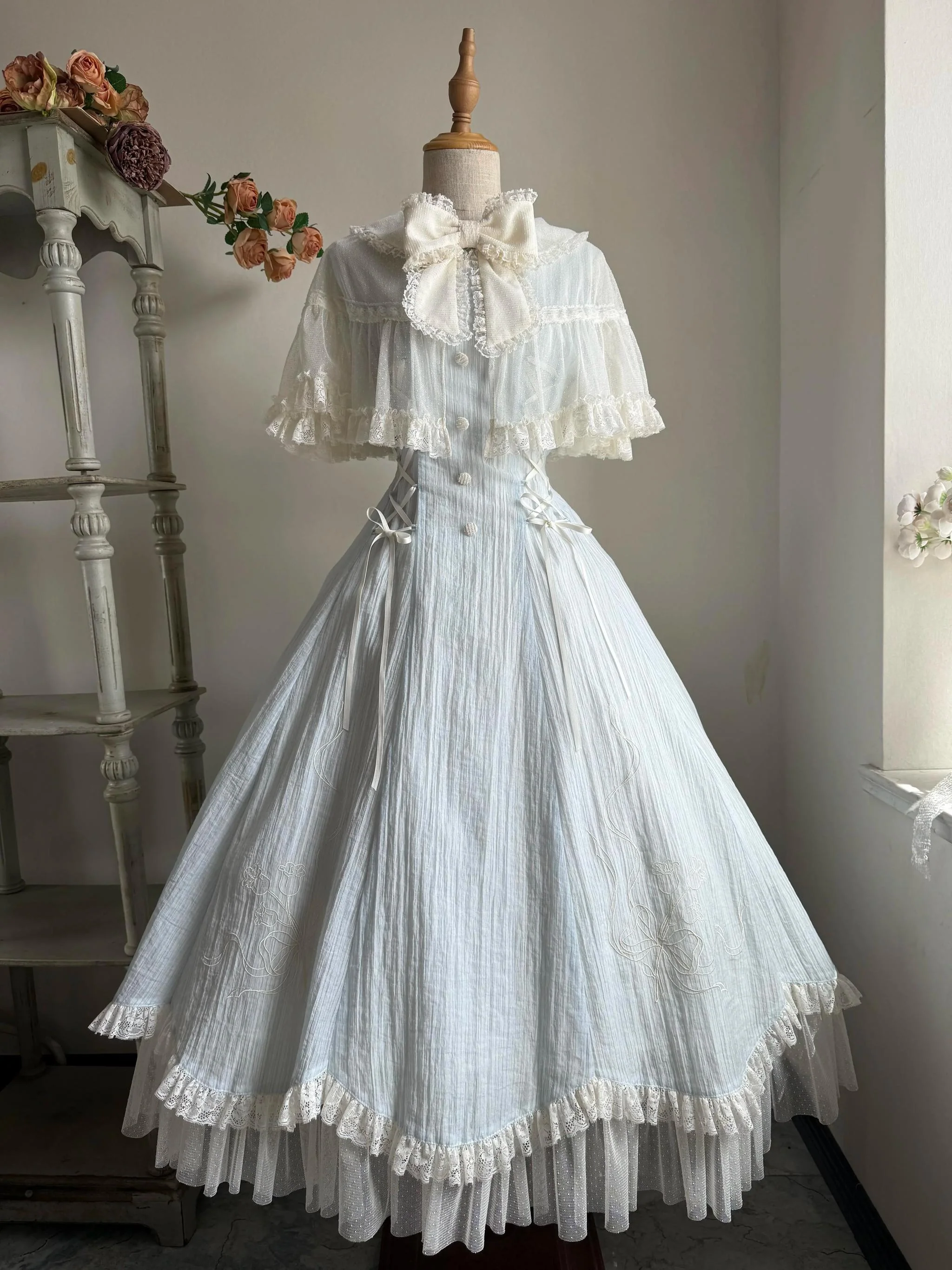 Little Wind Chime - Elegant Lolita OP Water Blue Dress With Decorative Tulle Cape - Image 24