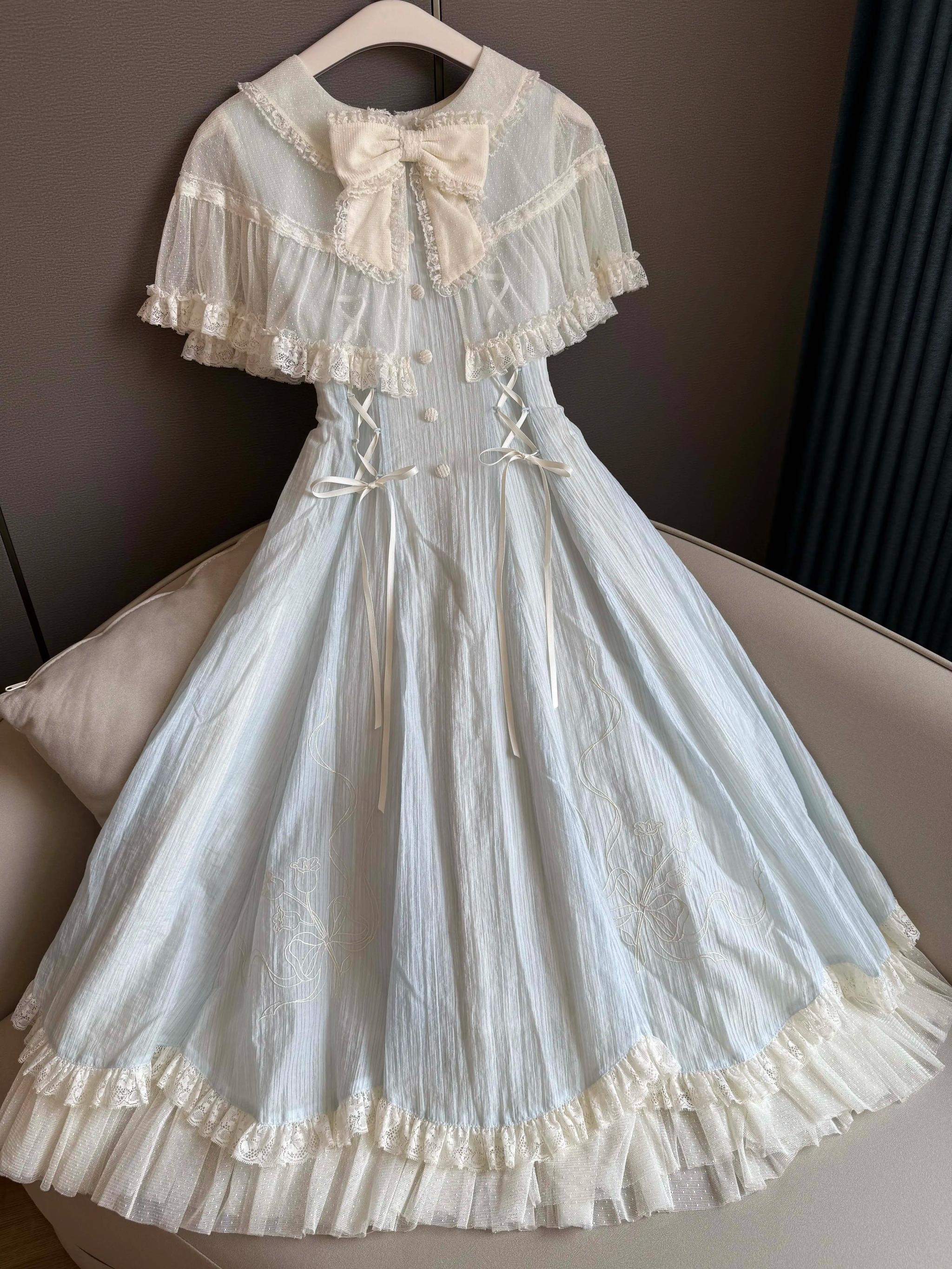 Little Wind Chime - Elegant Lolita OP Water Blue Dress With Decorative Tulle Cape - Image 25
