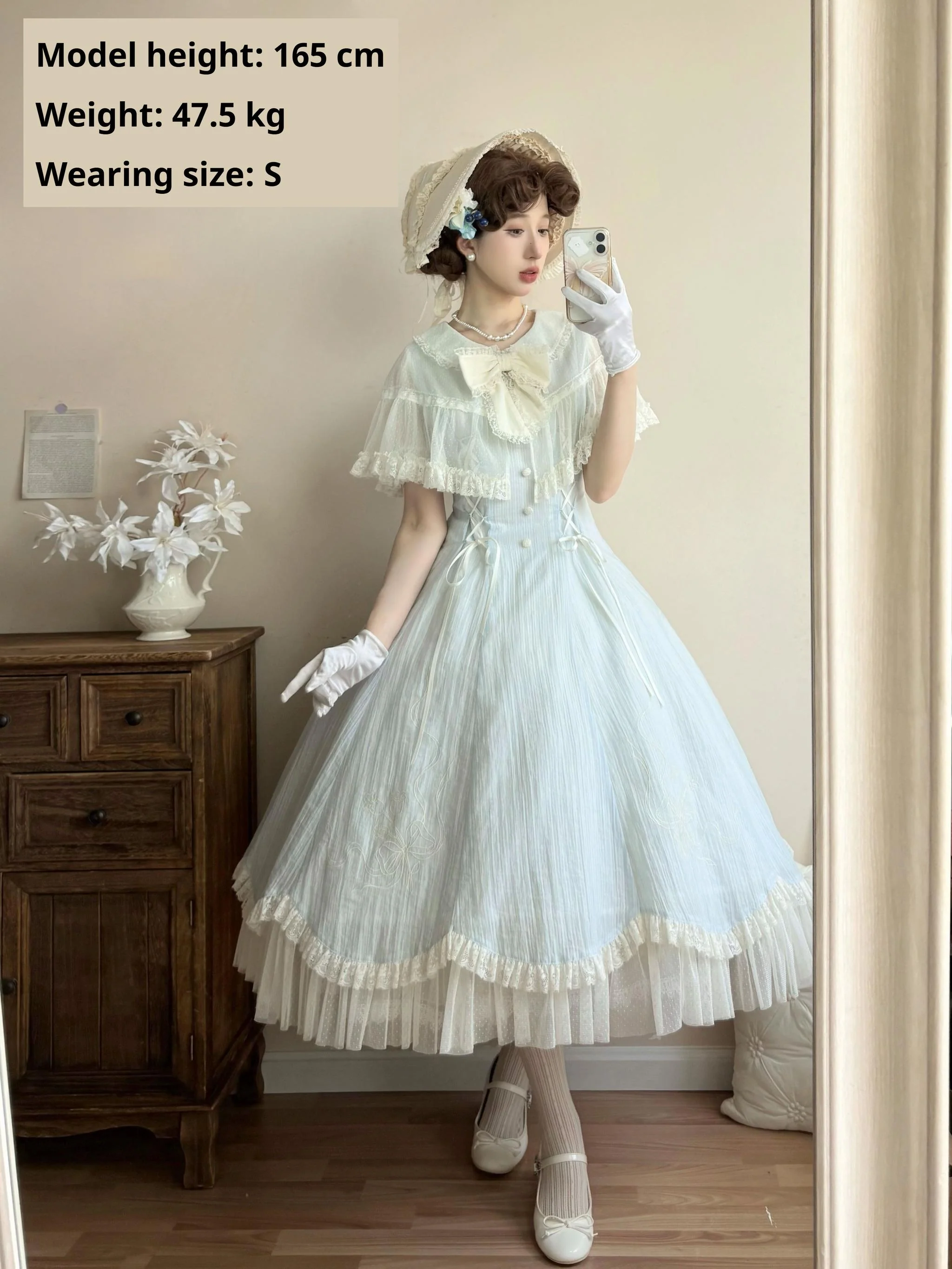 Little Wind Chime - Elegant Lolita OP Water Blue Dress With Decorative Tulle Cape - Image 4
