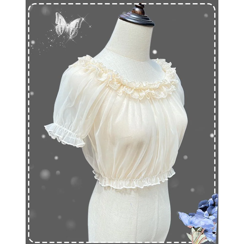Daily Lolita Shirt Short Sleeve Sheer Mesh Off-Shoulder Blouse - Image 3