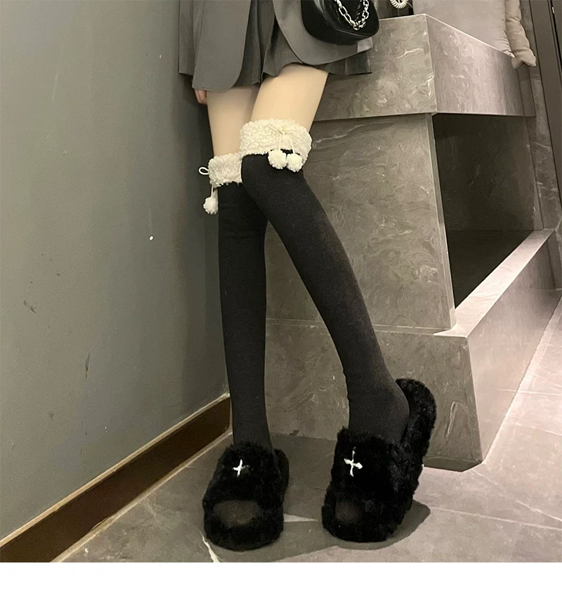 Hua Nai cat - Kawaii Winter Lolita Stockings Fuzzy Trim Furball Over-knee Socks - Image 4