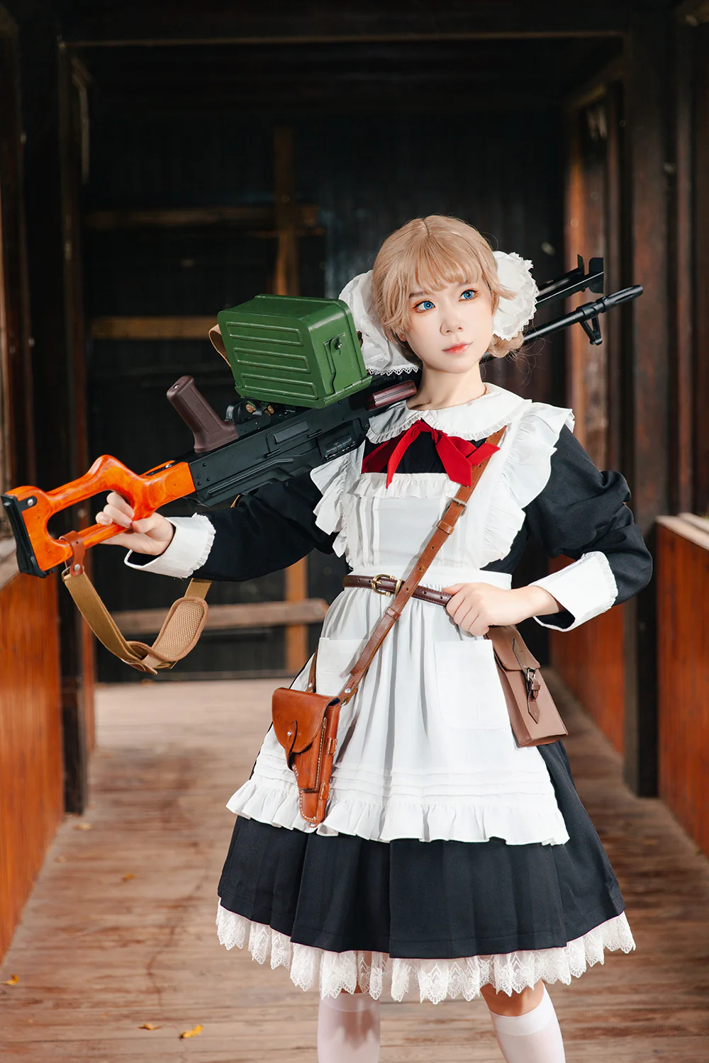Suliko - Maid Lolita OP Set with Soldier Style Waist Pack and Apron