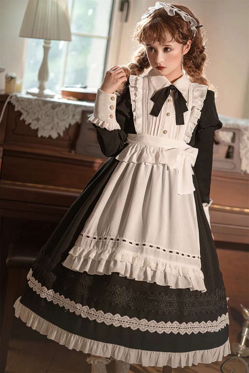 Maid Lolita Puff Sleeve Black Dress - Image 16