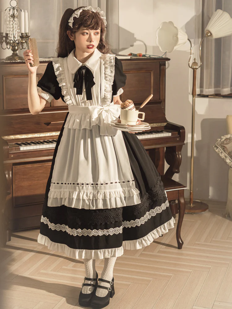 Maid Lolita Puff Sleeve Black Dress - Image 3