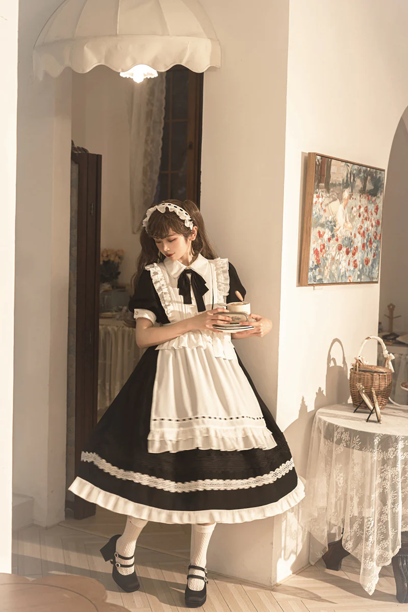 Maid Lolita Puff Sleeve Black Dress - Image 8