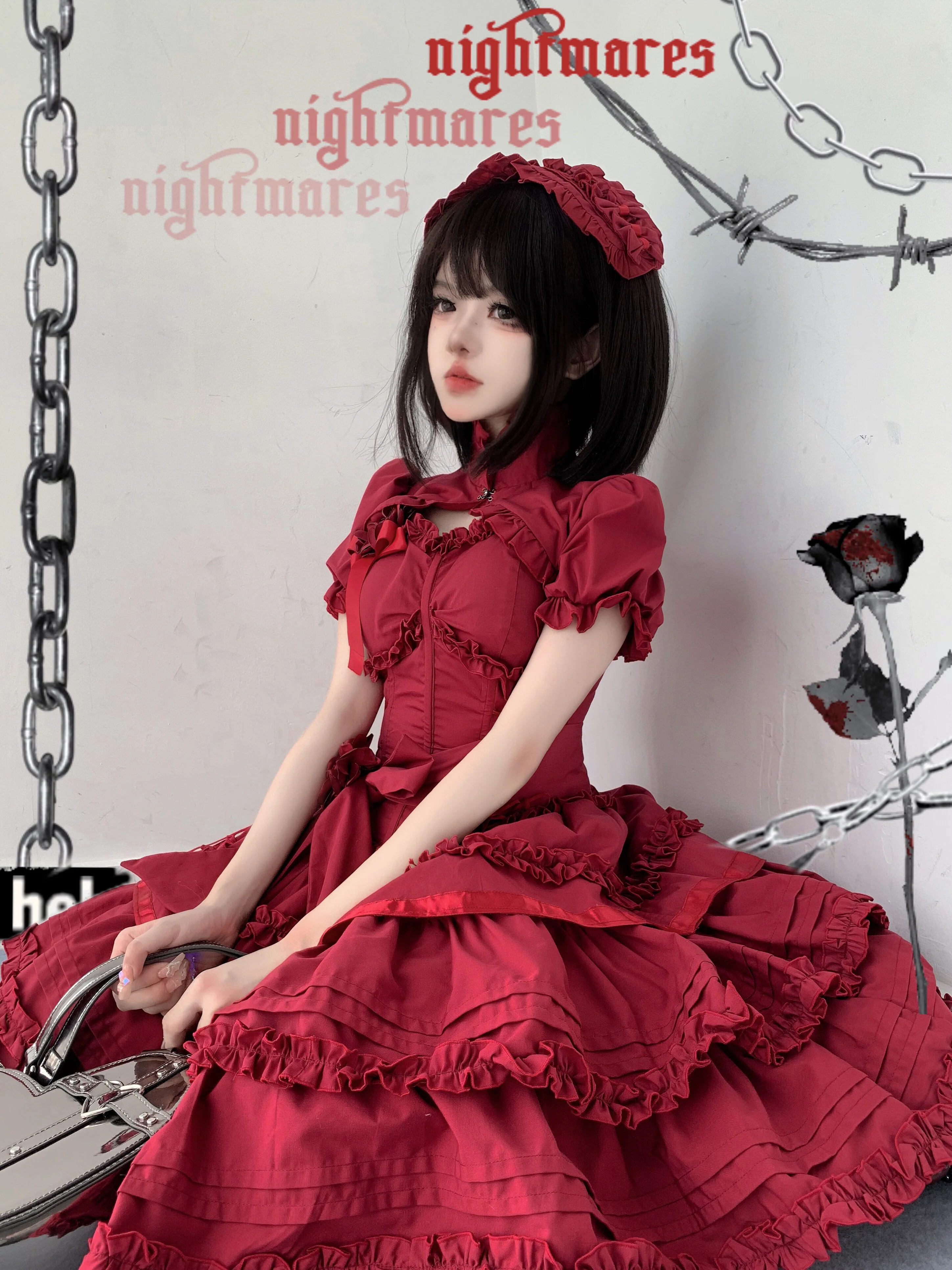 Mengfuzi - LiLith - Christmas Gothic Lolita JSK Dress, Short Sleeve Bolero - Image 13