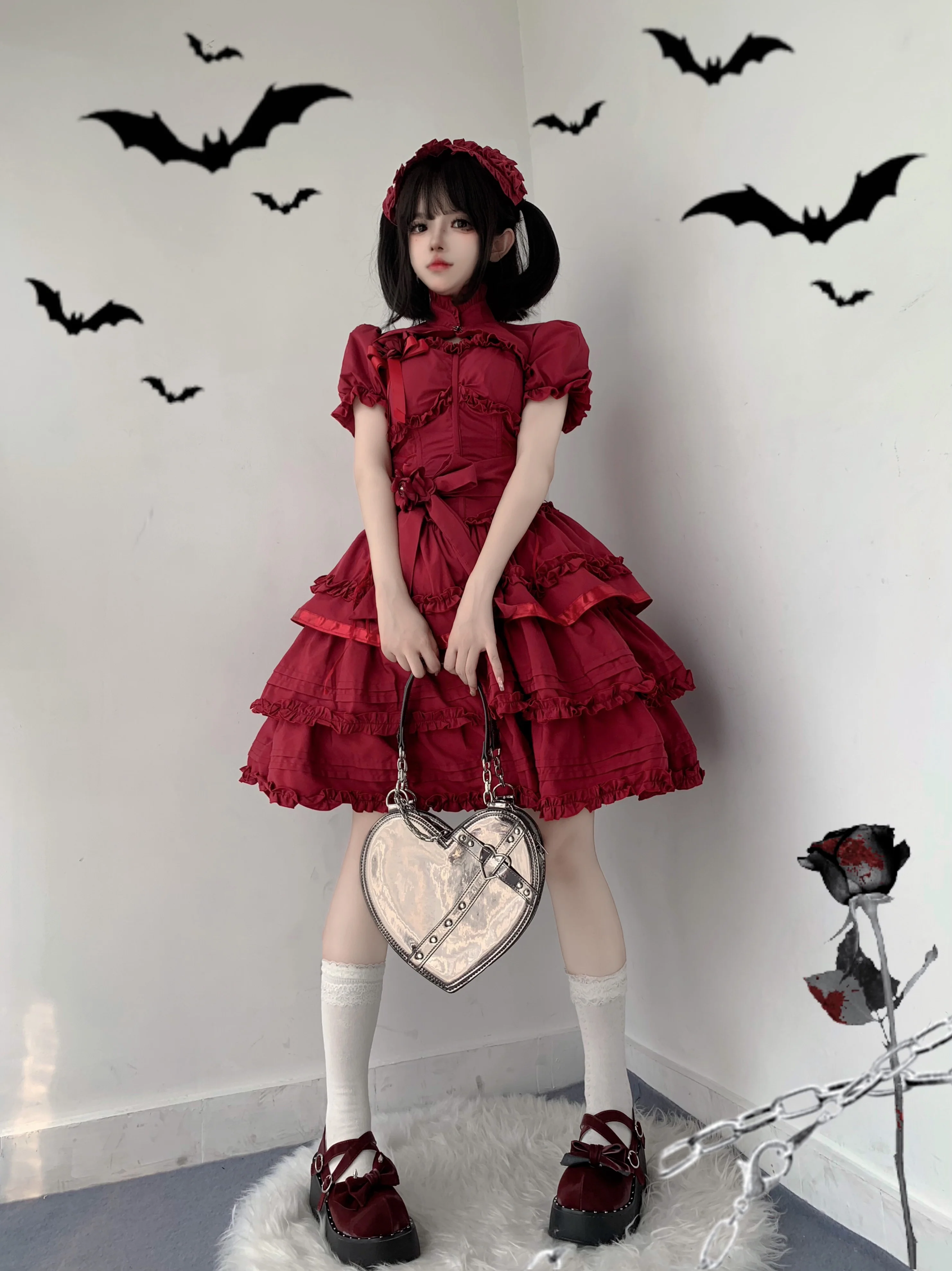 Mengfuzi - LiLith - Christmas Gothic Lolita JSK Dress, Short Sleeve Bolero - Image 17