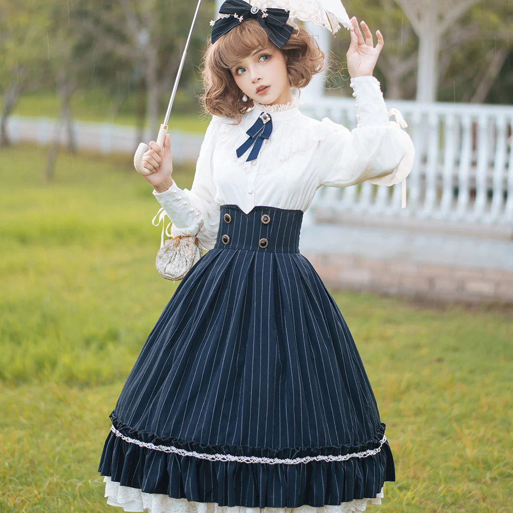 Rose Doll - Elegant Lolita Striped Fishbone Skirt - Image 27