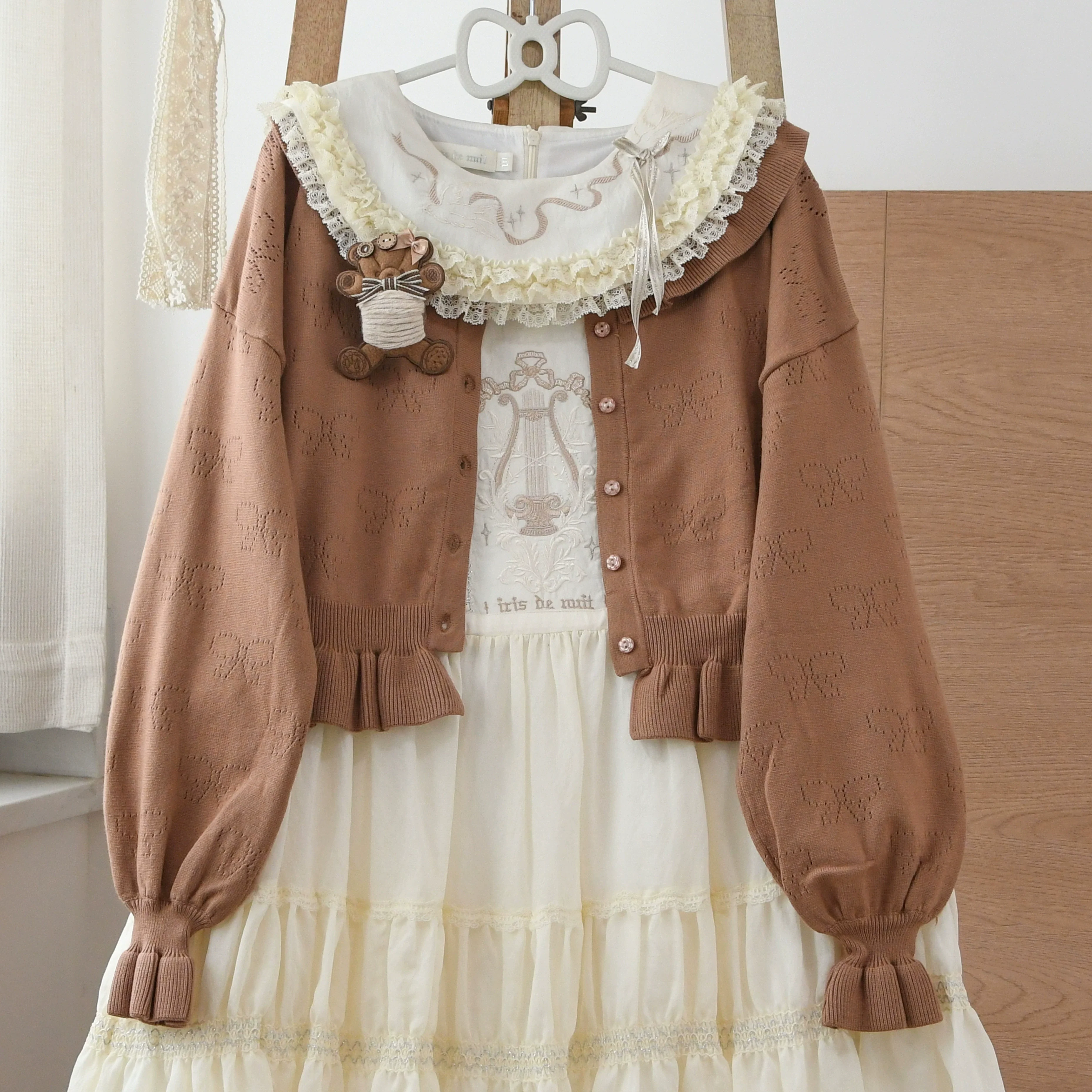Vintage Lolita Bow Hollowed-out Sweater Ruffled Cardigan - Image 2