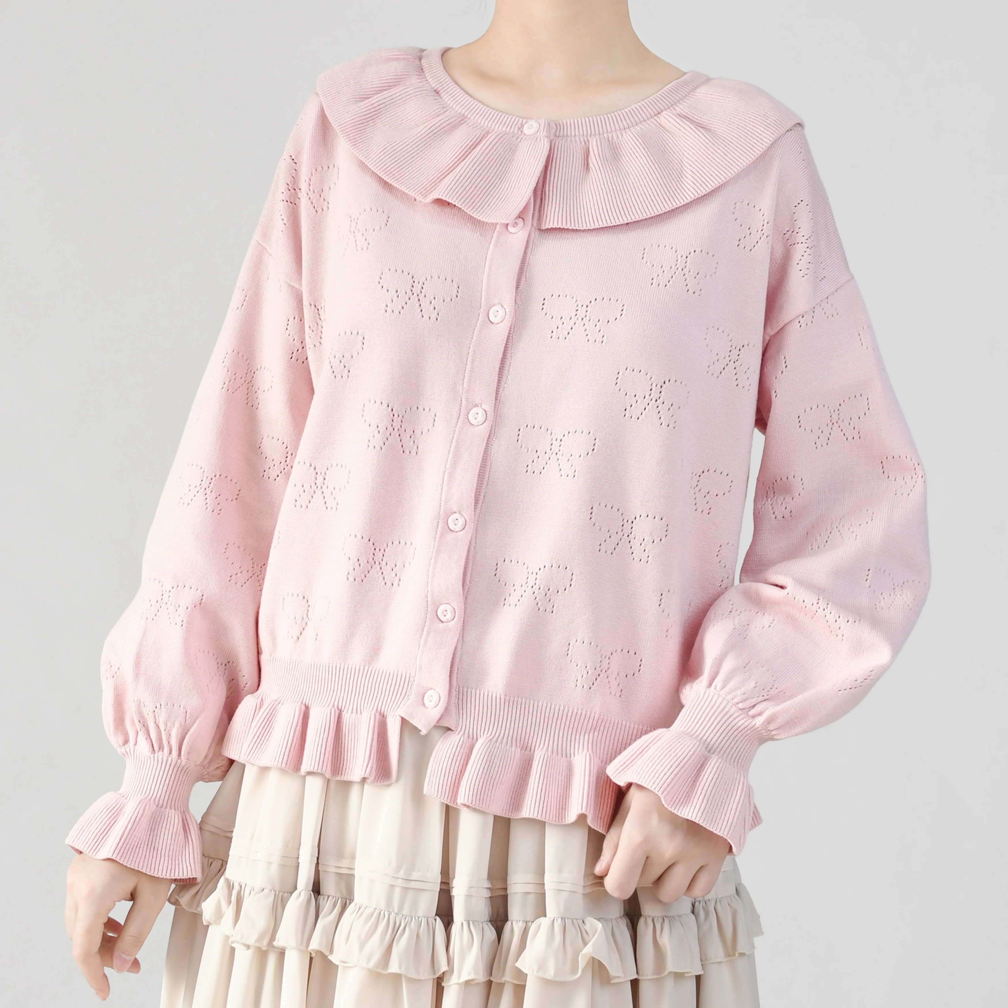 Vintage Lolita Bow Hollowed-out Sweater Ruffled Cardigan - Image 34