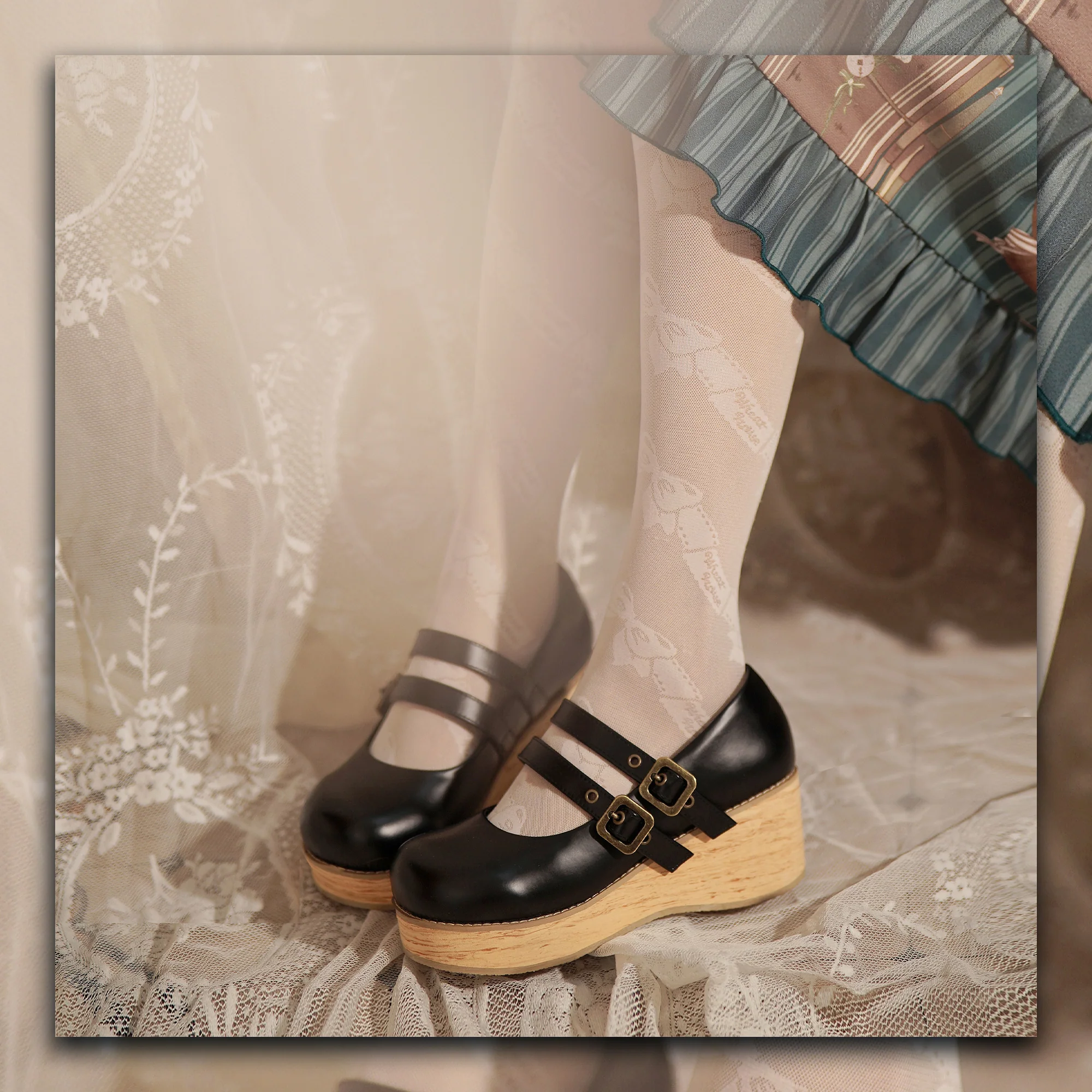MODO - Retro Lolita Round Toe Wood Bottom Shoes - Image 13