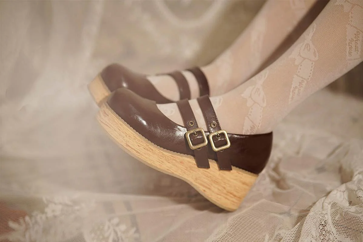 MODO - Retro Lolita Round Toe Wood Bottom Shoes - Image 16