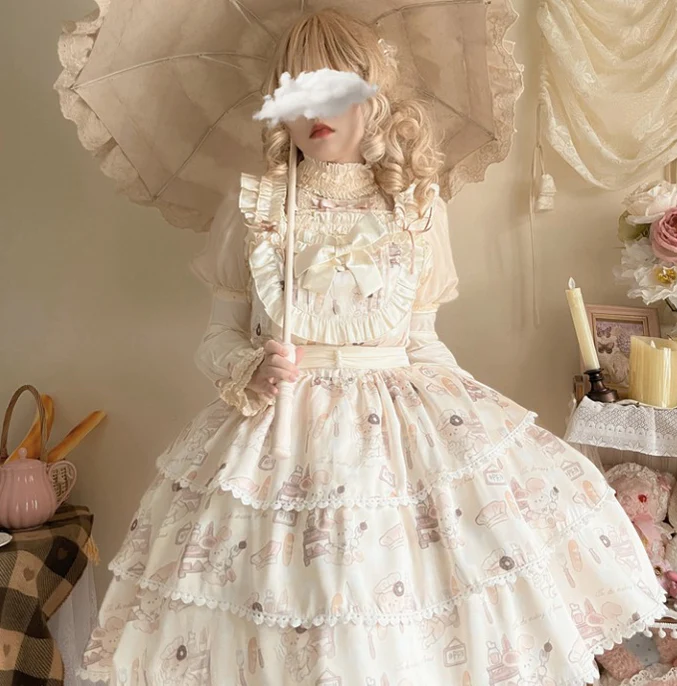 Plus Size Lolita Jumper Dress, Beige Sweet Short Sleeve - Image 4