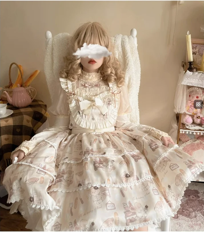 Plus Size Lolita Jumper Dress, Beige Sweet Short Sleeve - Image 5