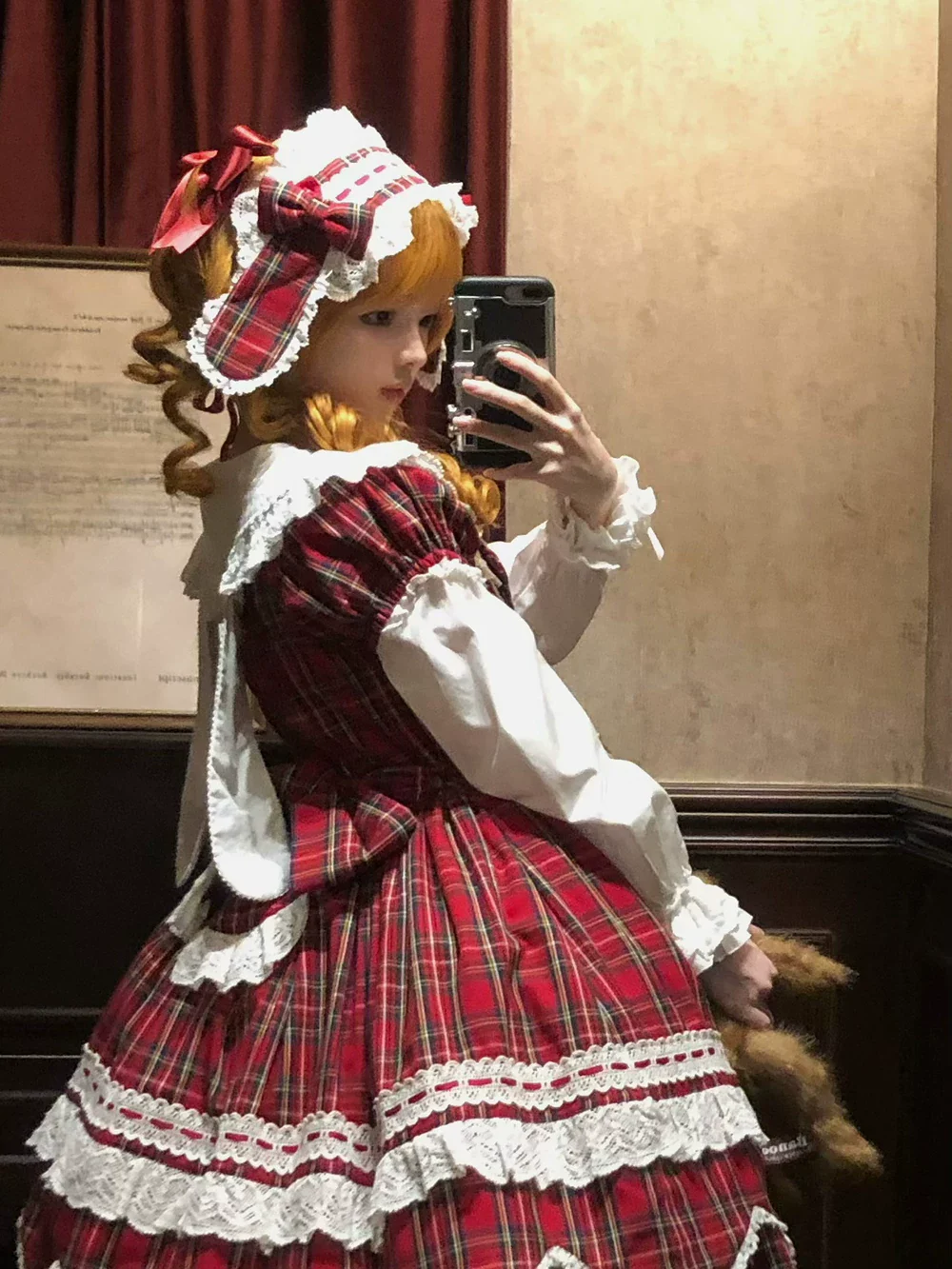 Plaid Petal Bunny - Old School Lolita Bunny Ear Headdress, Bear Ear Apron - Image 11
