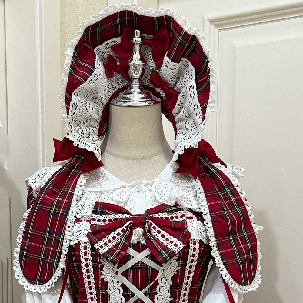 Plaid Petal Bunny - Old School Lolita Bunny Ear Headdress, Bear Ear Apron - Image 7
