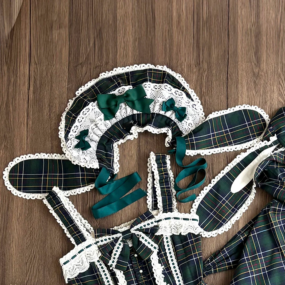 Plaid Petal Bunny - Old School Lolita Bunny Ear Headdress, Bear Ear Apron - Image 8