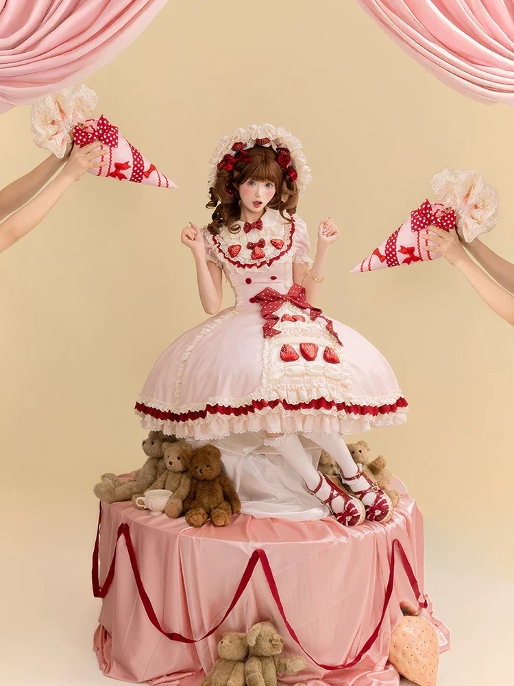 Strawberry Cake - Old School Lolita Dress, Detachable Sleeves - Image 10