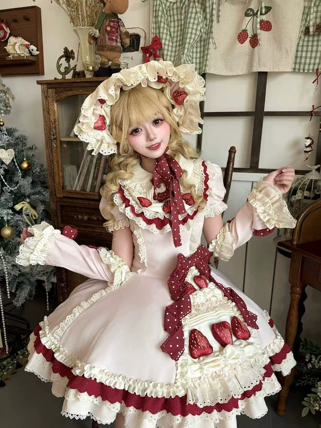 Strawberry Cake - Old School Lolita Dress, Detachable Sleeves - Image 3