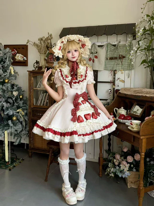 Strawberry Cake - Old School Lolita Dress, Detachable Sleeves - Image 4