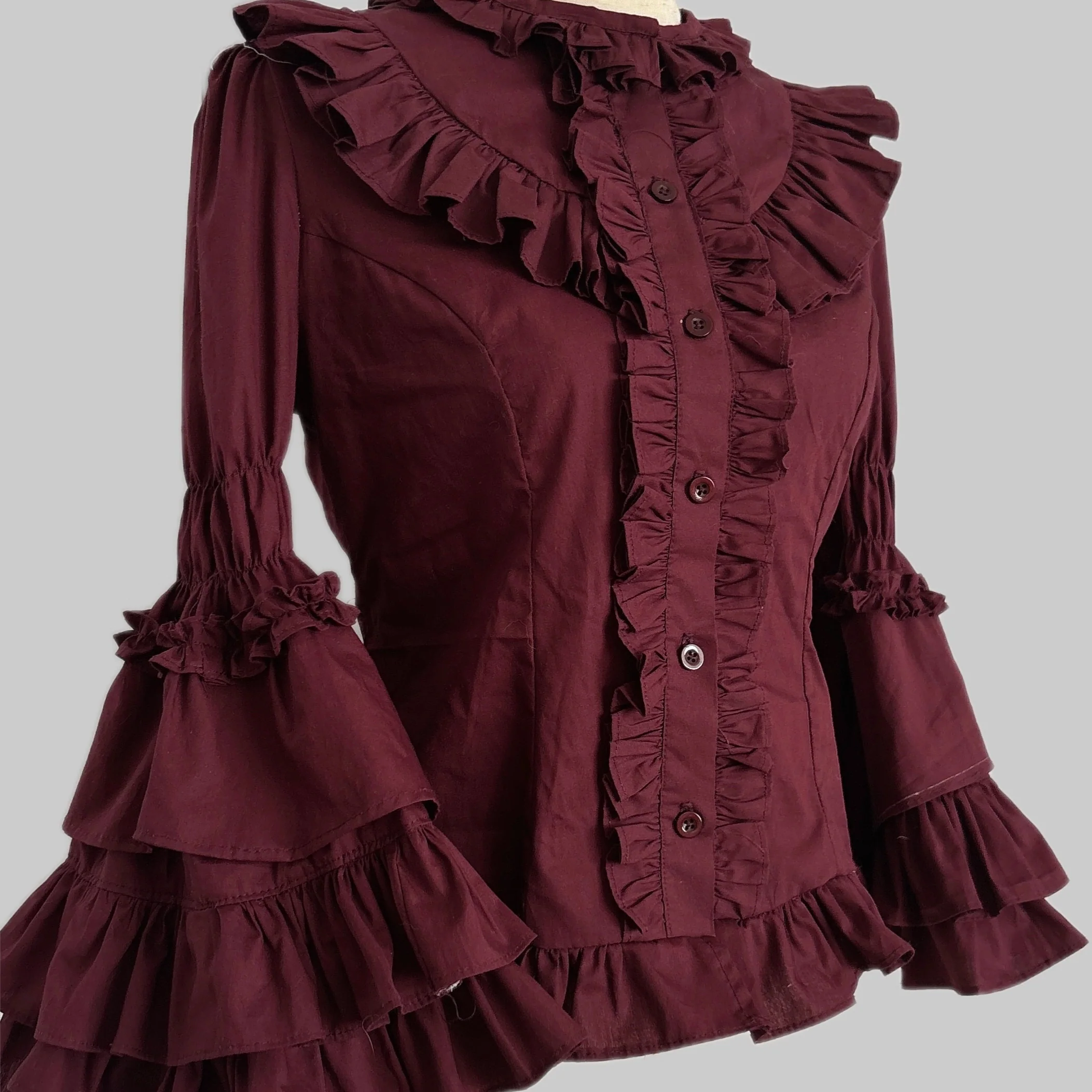 TaTaTa Lolita - Burgundy Rose - Old School Lolita Hime Sleeve Blouse, Ruffle Detail - Image 4