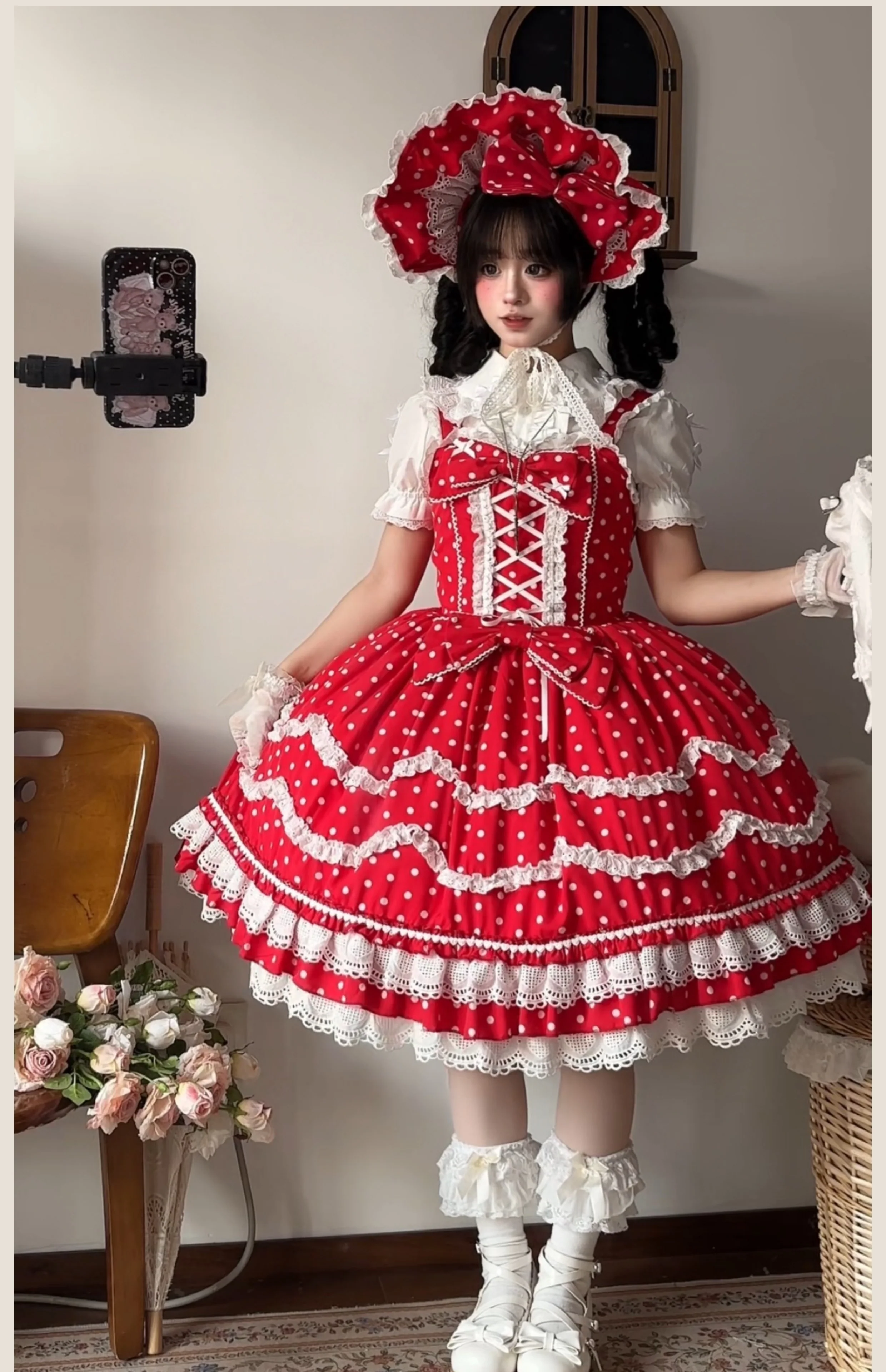 TaTaTa Lolita - Polka Bailys - Old School Lolita JSK Suit Red White Polka Dot Dress - Image 10