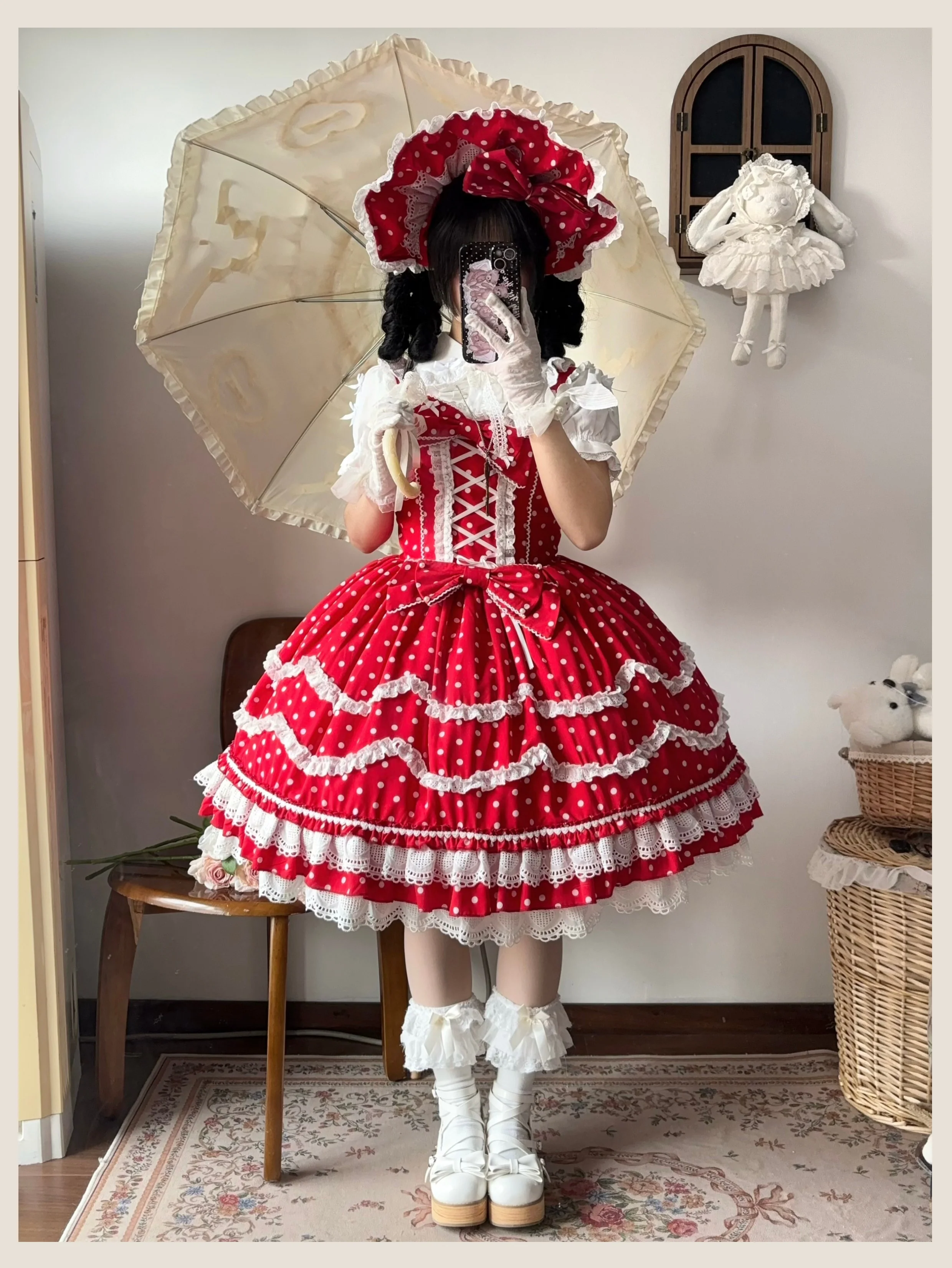 TaTaTa Lolita - Polka Bailys - Old School Lolita JSK Suit Red White Polka Dot Dress - Image 3