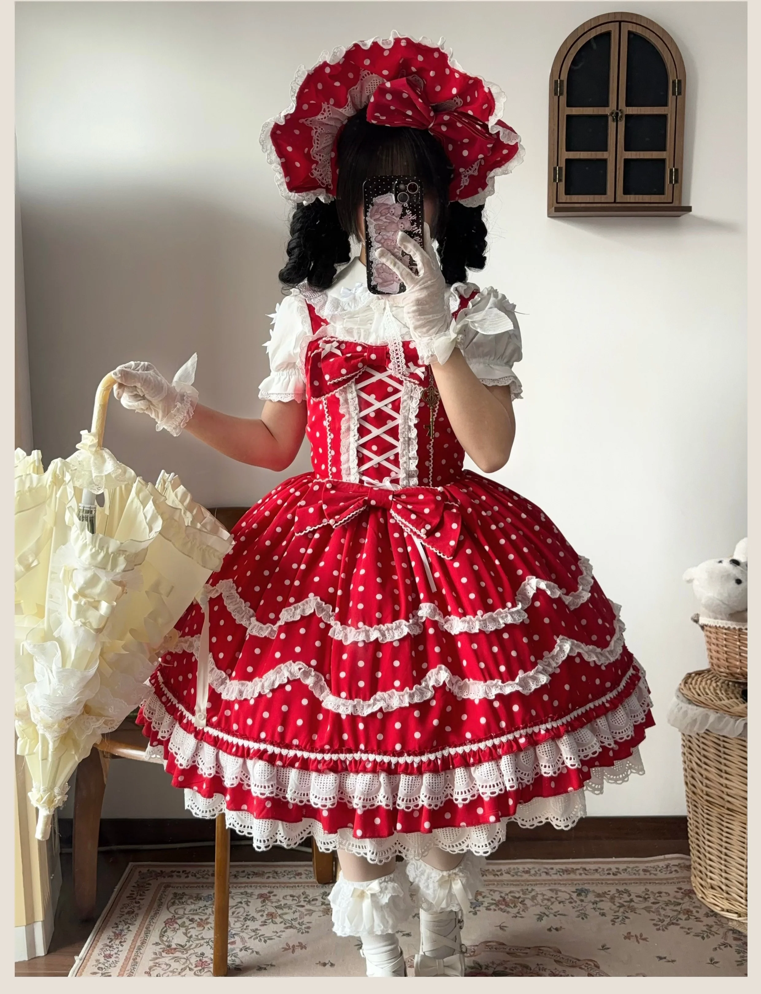 TaTaTa Lolita - Polka Bailys - Old School Lolita JSK Suit Red White Polka Dot Dress - Image 6