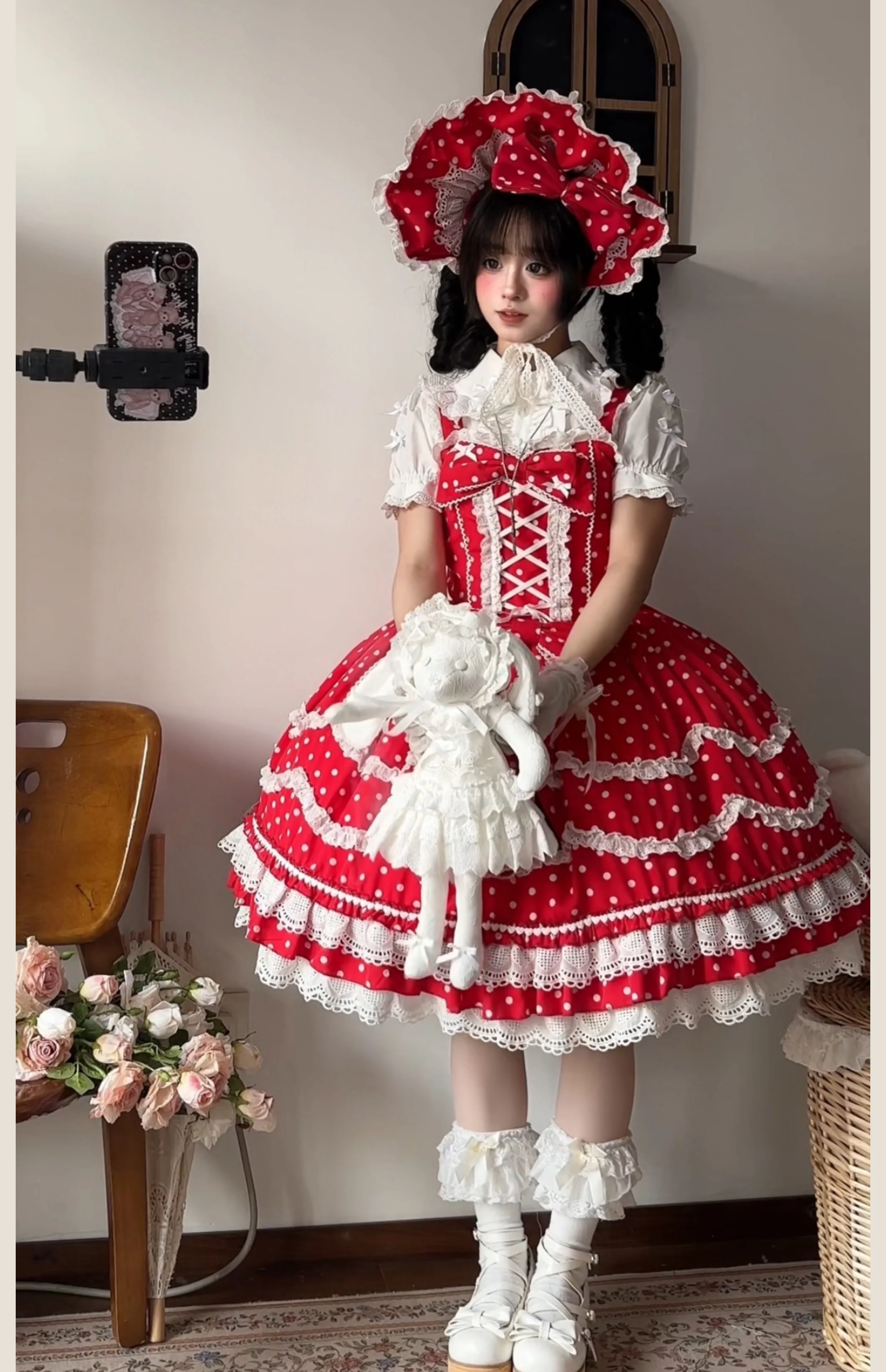 TaTaTa Lolita - Polka Bailys - Old School Lolita JSK Suit Red White Polka Dot Dress - Image 7