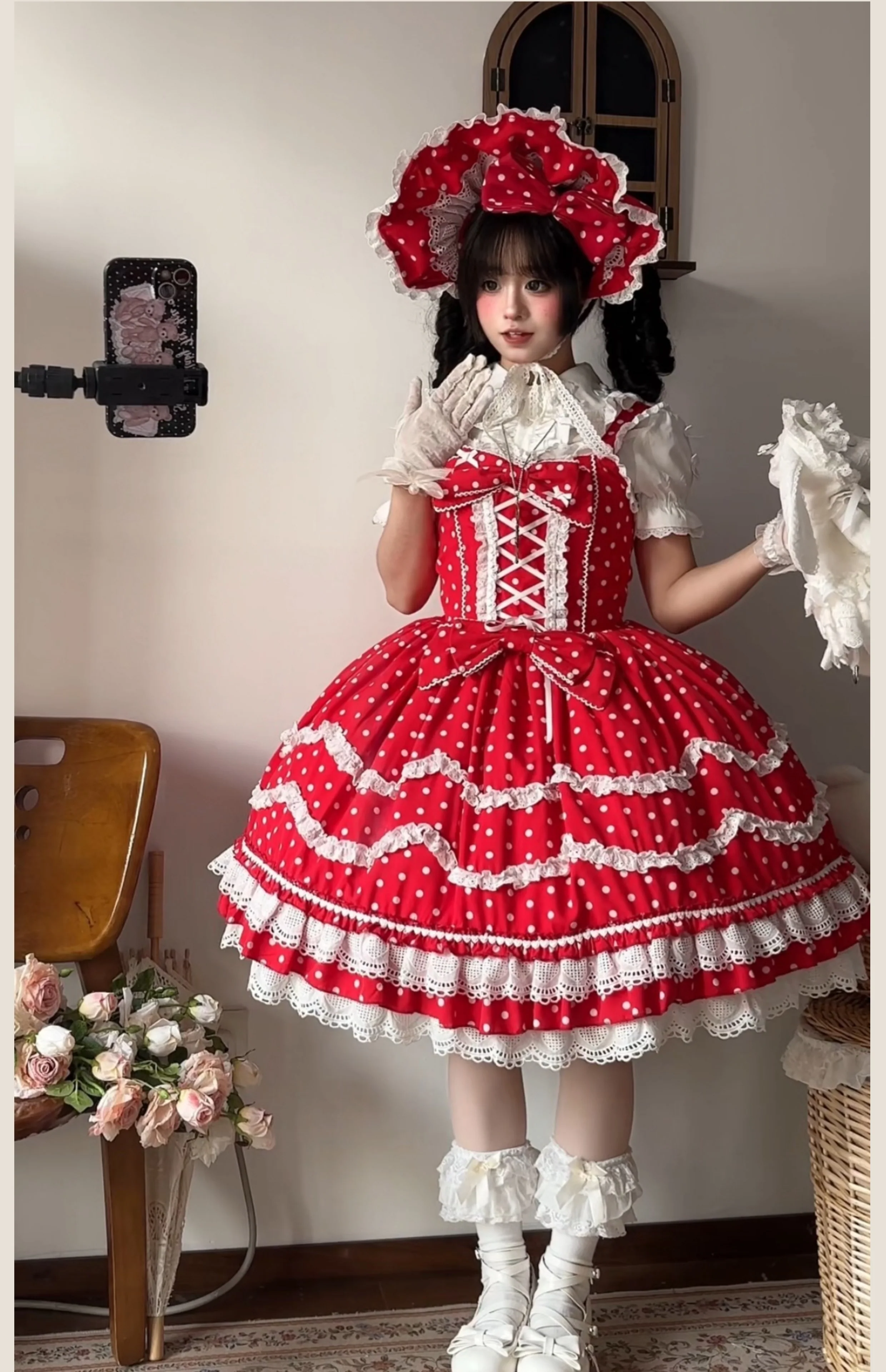 TaTaTa Lolita - Polka Bailys - Old School Lolita JSK Suit Red White Polka Dot Dress - Image 8