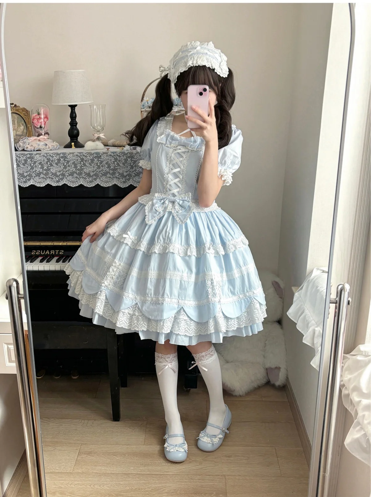 AerialCat - Cream Petals - Old School Lolita OP Tiered Ruffles Cotton Dress - Image 15