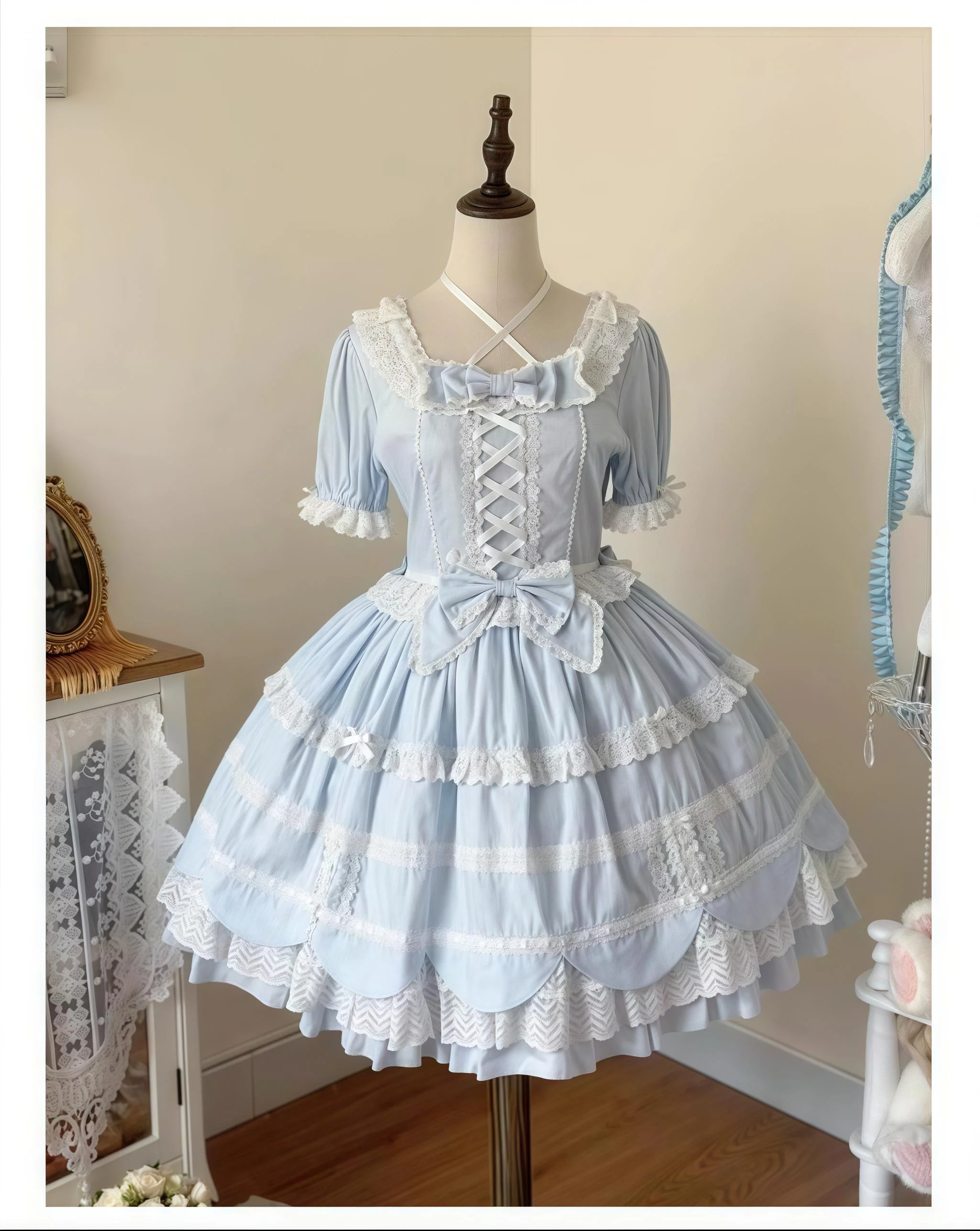 AerialCat - Cream Petals - Old School Lolita OP Tiered Ruffles Cotton Dress - Image 26