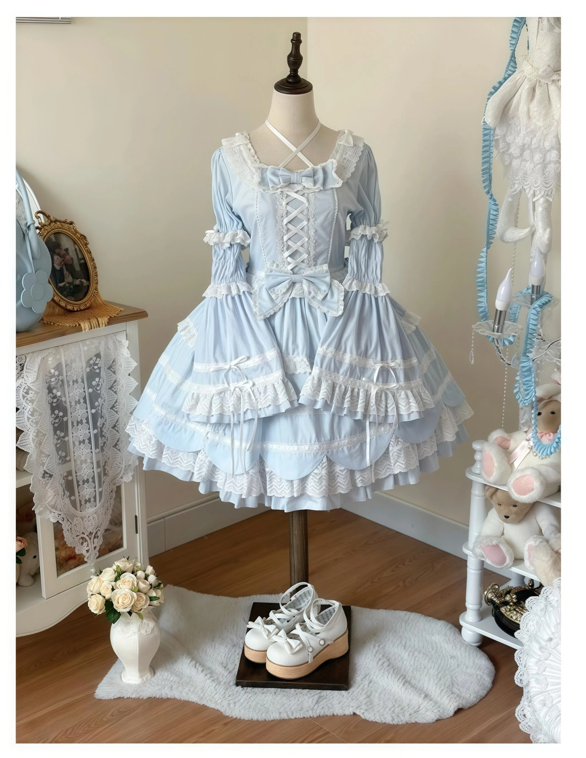 AerialCat - Cream Petals - Old School Lolita OP Tiered Ruffles Cotton Dress - Image 27