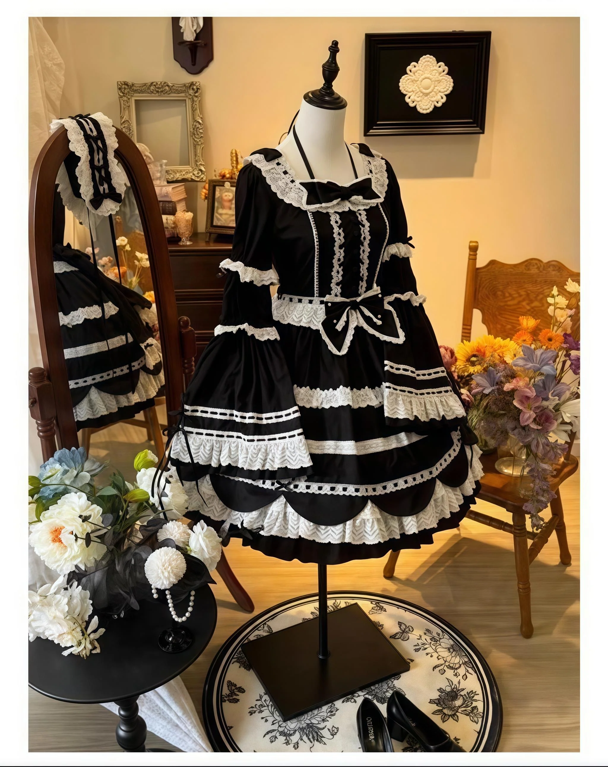 AerialCat - Cream Petals - Old School Lolita OP Tiered Ruffles Cotton Dress - Image 34