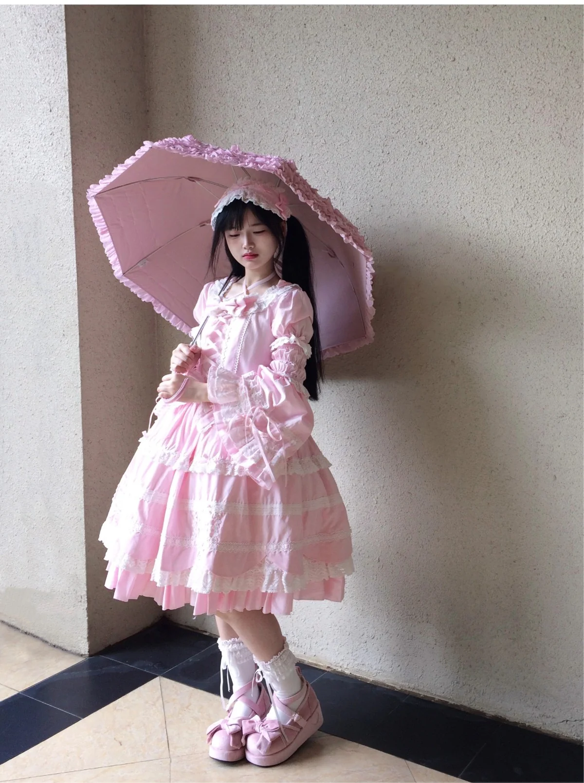 AerialCat - Cream Petals - Old School Lolita OP Tiered Ruffles Cotton Dress - Image 6