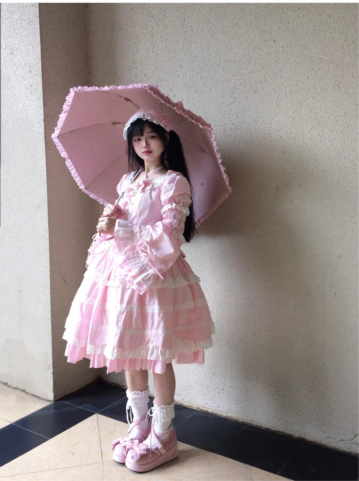 AerialCat - Cream Petals - Old School Lolita OP Tiered Ruffles Cotton Dress - Image 7
