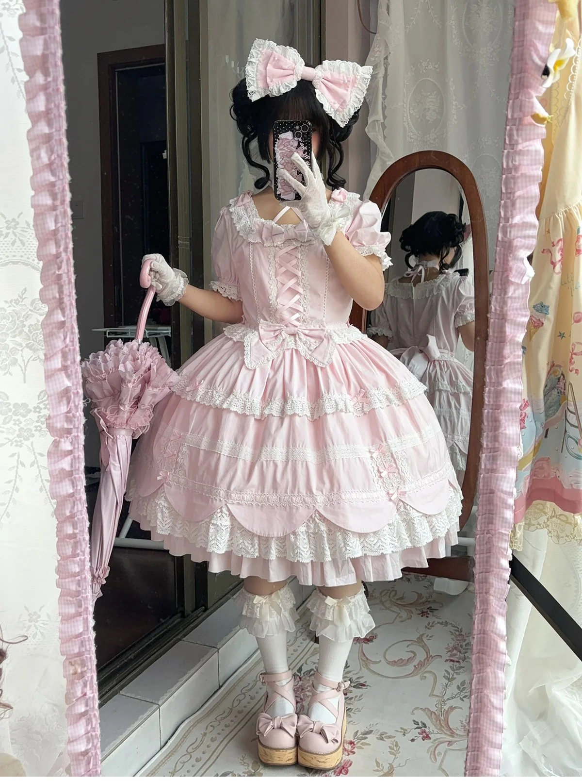 AerialCat - Cream Petals - Old School Lolita OP Tiered Ruffles Cotton Dress - Image 9