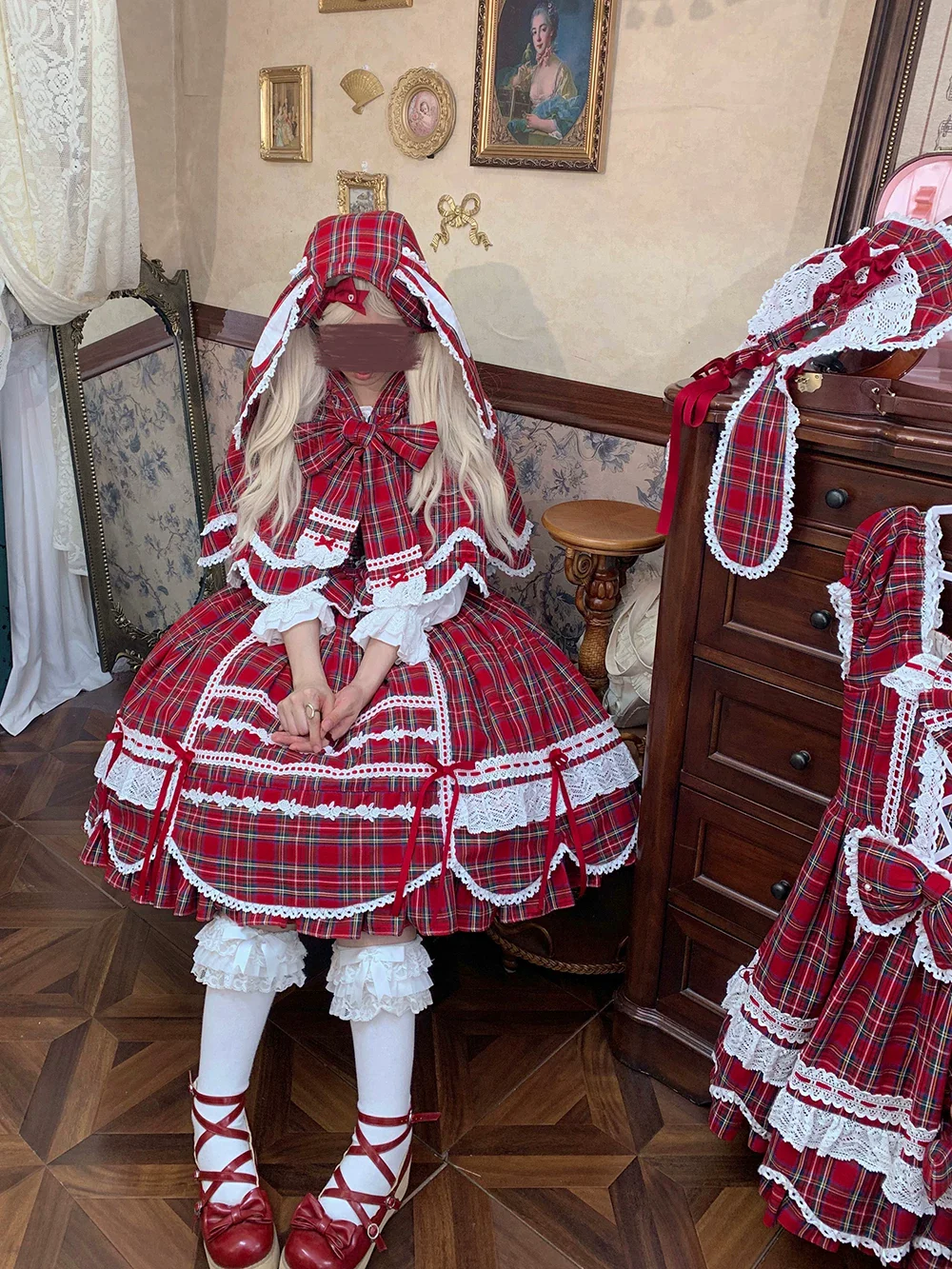 Plaid Petal Bunny - Old School Lolita Plaid JSK Dress, Side Pockets - Image 15