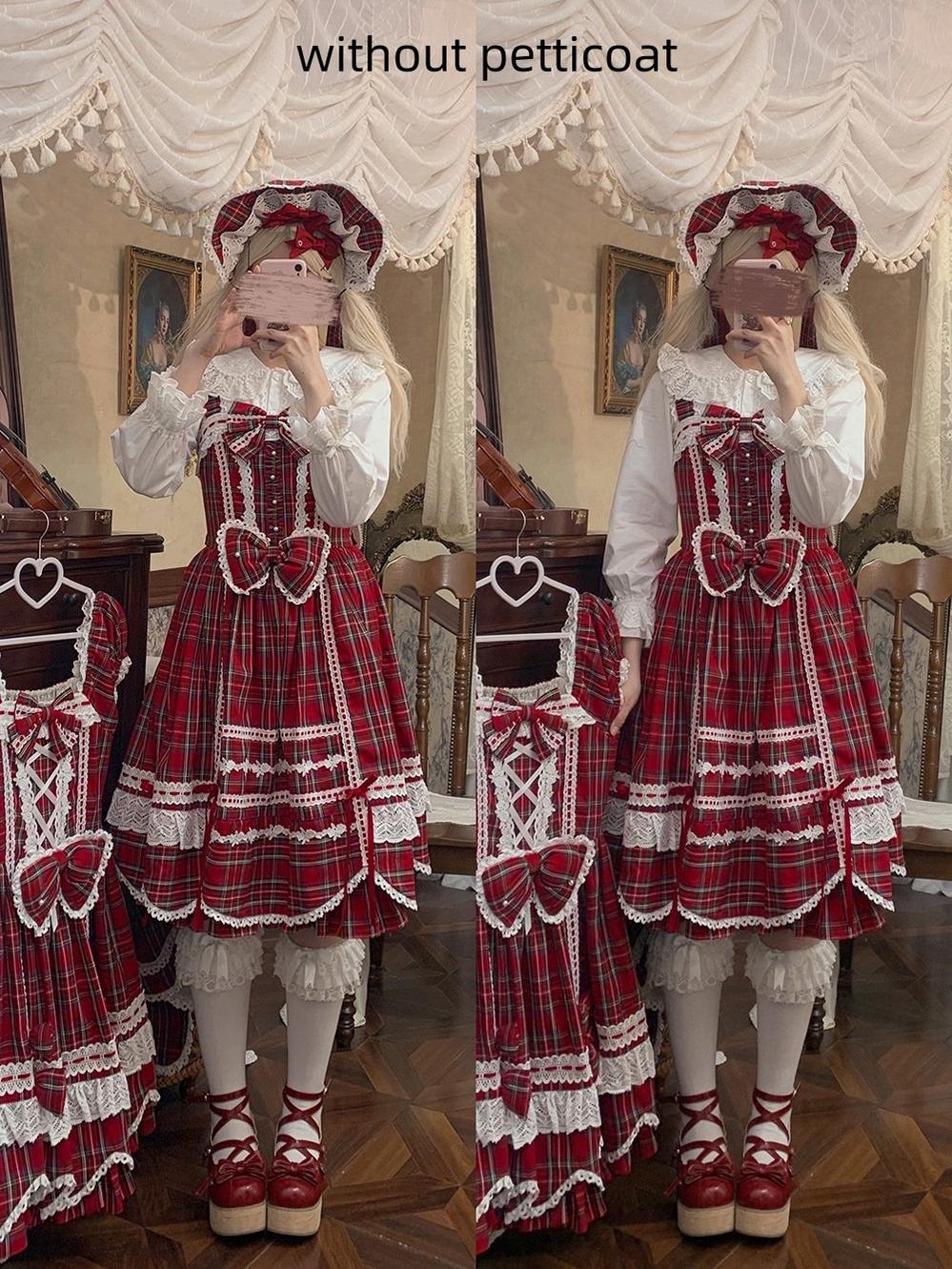 Plaid Petal Bunny - Old School Lolita Plaid JSK Dress, Side Pockets - Image 16