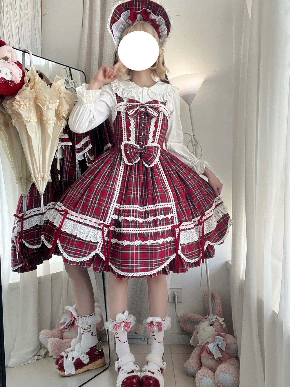 Plaid Petal Bunny - Old School Lolita Plaid JSK Dress, Side Pockets - Image 22